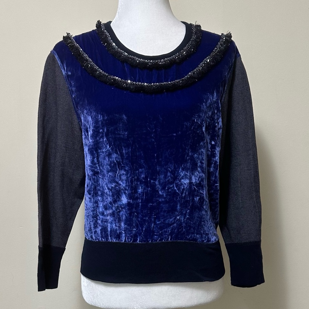 J Crew Black Label Blue Crush Velvet Beads Silver Tinsel Fringe Pullover Top S/M - Picture 1 of 15